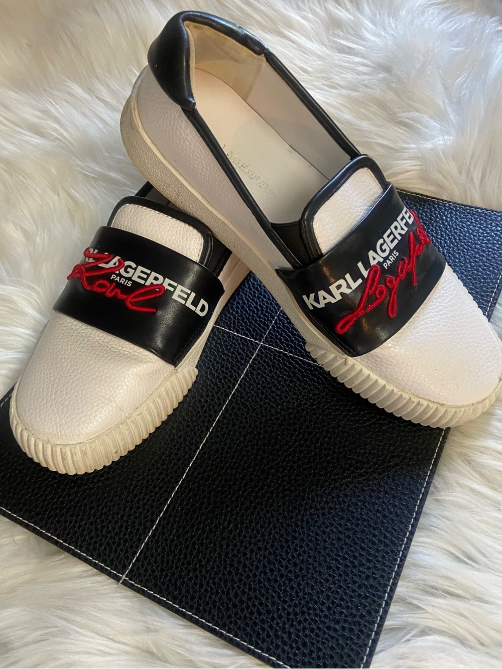 Karl Lagerfeld  Sz 7 White & Black Slip-On Women’s Loafers with Red Logo Script